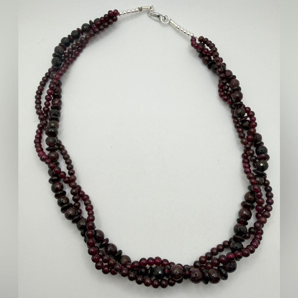 21" of ALL GARNET, three strand‎ necklace with sterling silver hardware!